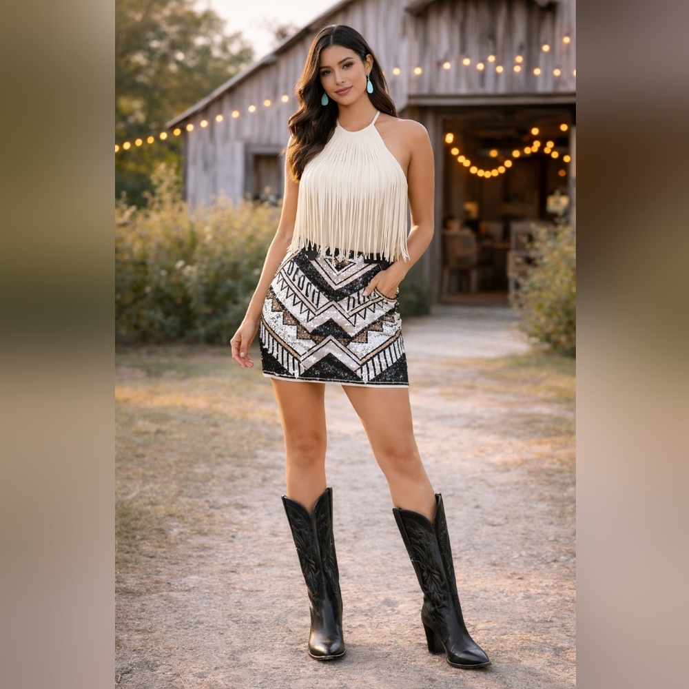 Express Black and White Geometric Pencil Skirt